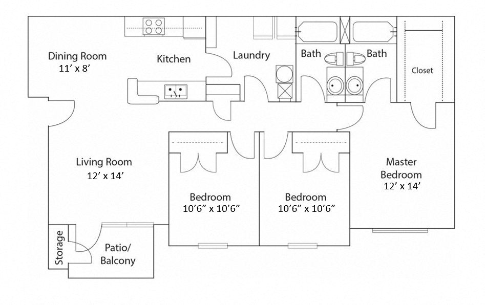 Floor plan for 3 beds, 2 baths, 1160 sqft